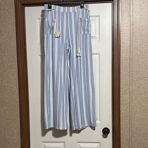 Blue and White Striped Wide-Leg Pants